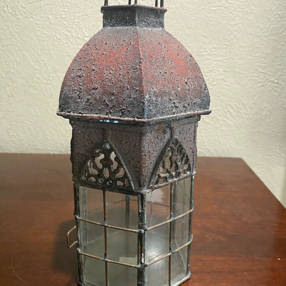 Metal and glass candle holder lantern, rustic metal finish w/clear glass panels